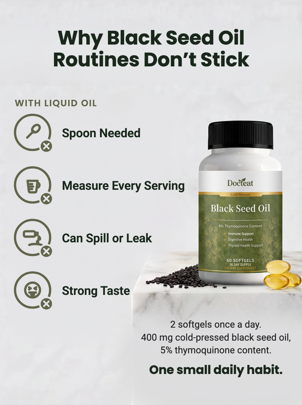 Why black seed oil routines do not stick with liquid oil: a spoon, measuring, spills, strong taste. Docteat softgels: 2 softgels once a day