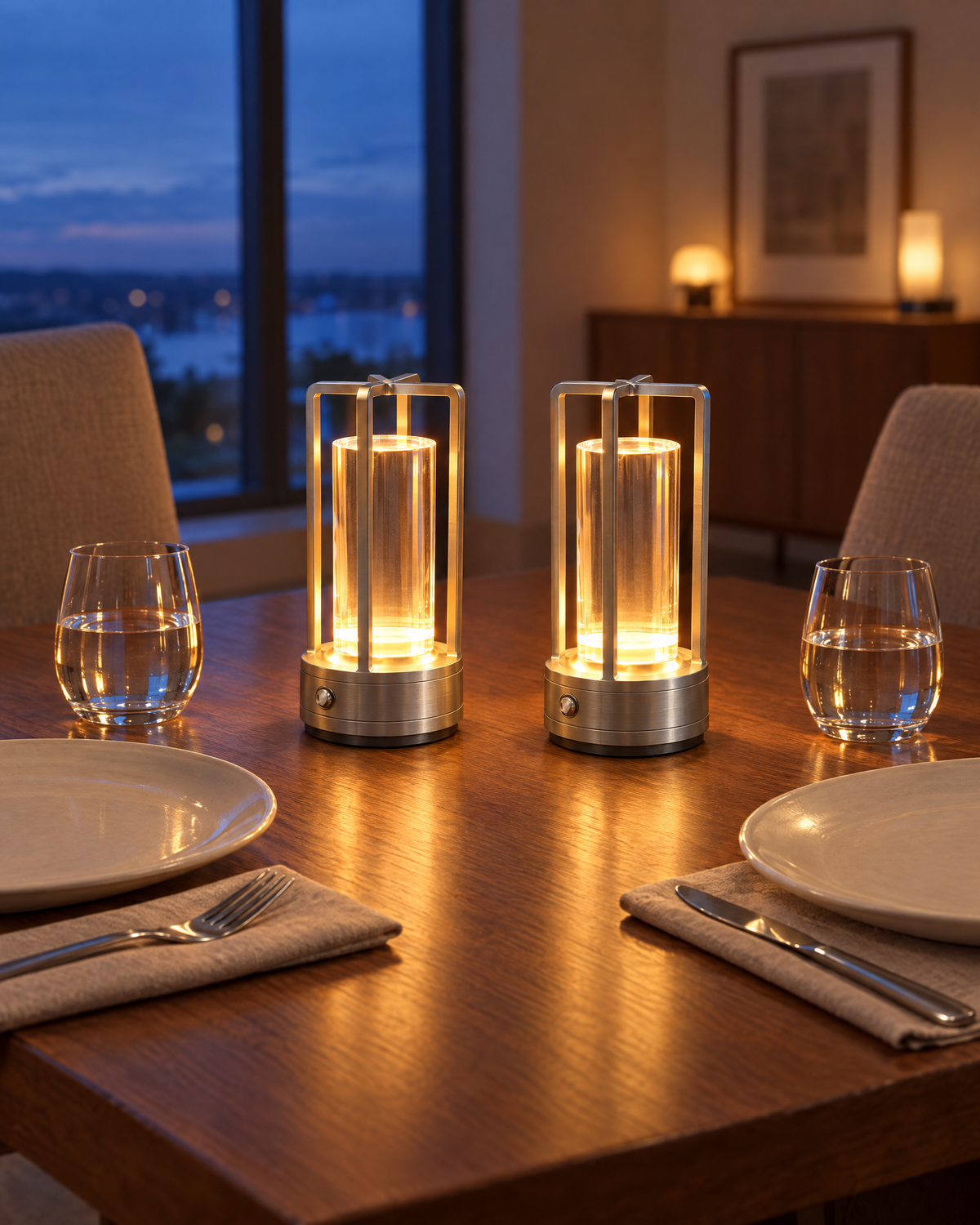 A pair of silver Nook Glow Lanterns on a table set for two