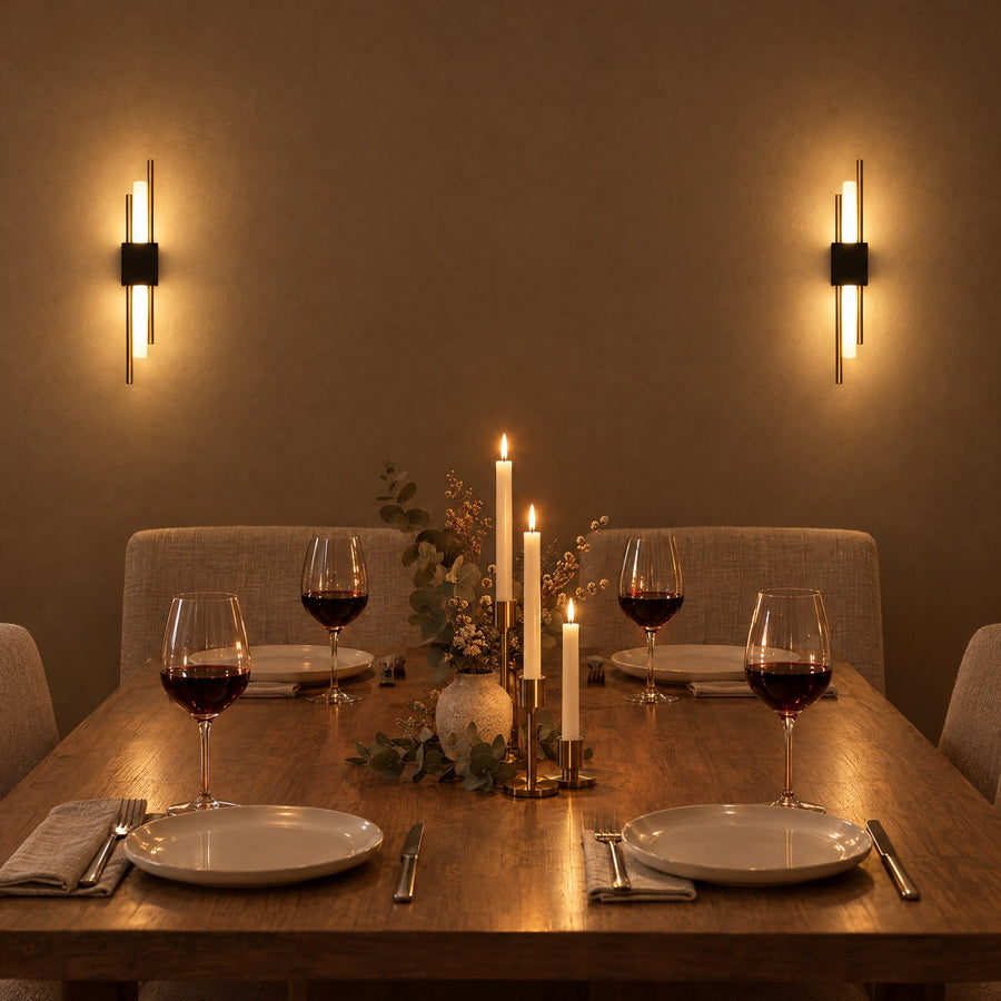 Illustration: A pair on the wall behind a table set for four.