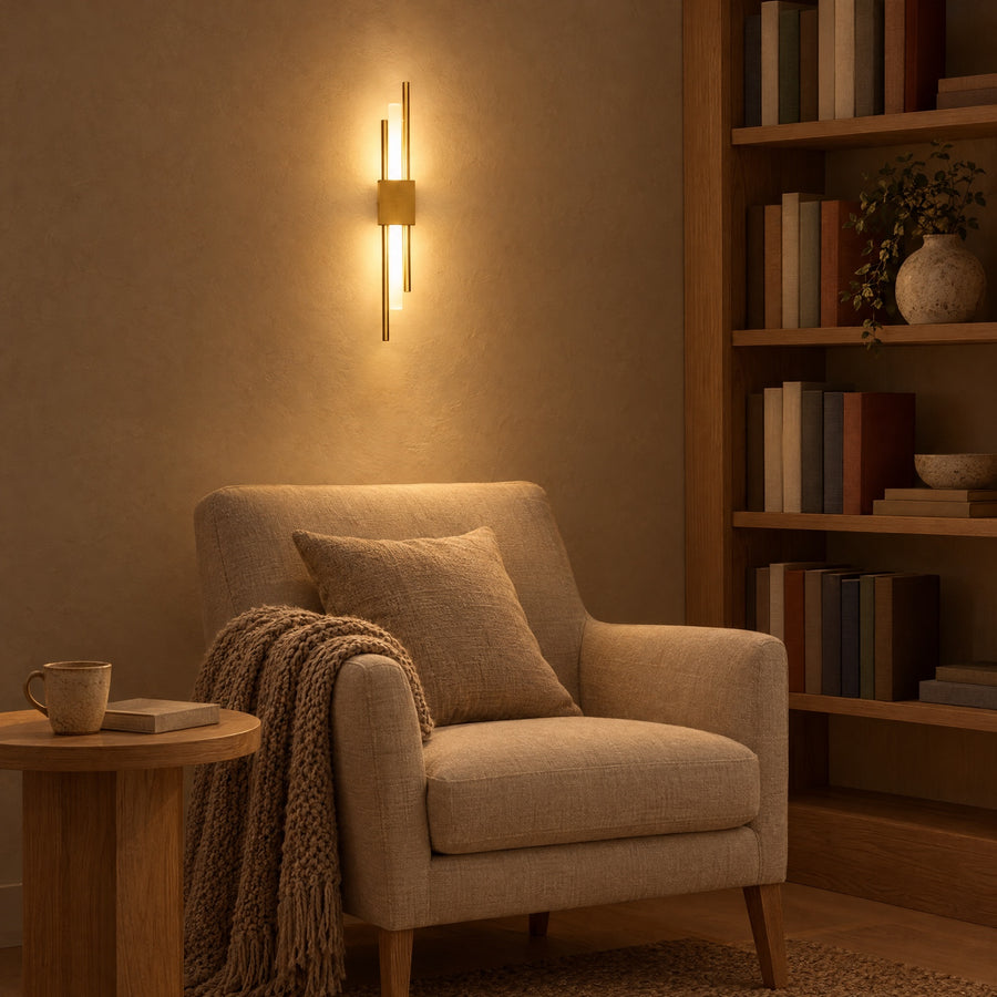 Illustration: One gold sconce on the wall above an armchair, next to a bookshelf.