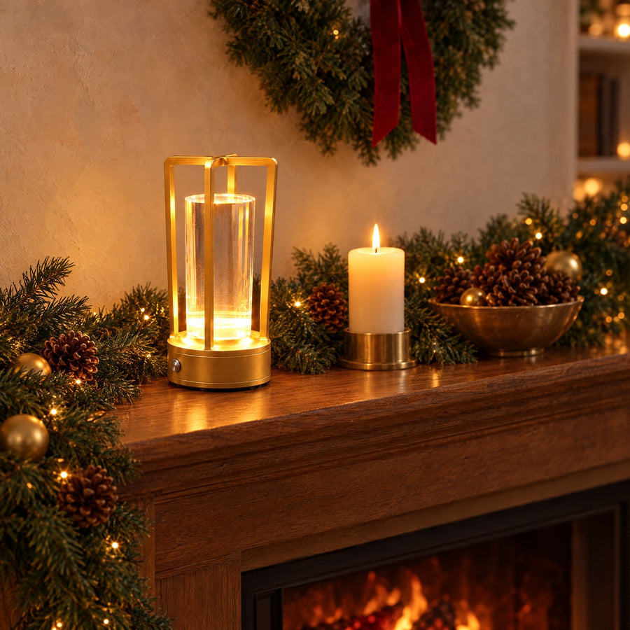 Illustration: A gold lantern on a mantel with a garland and a candle.