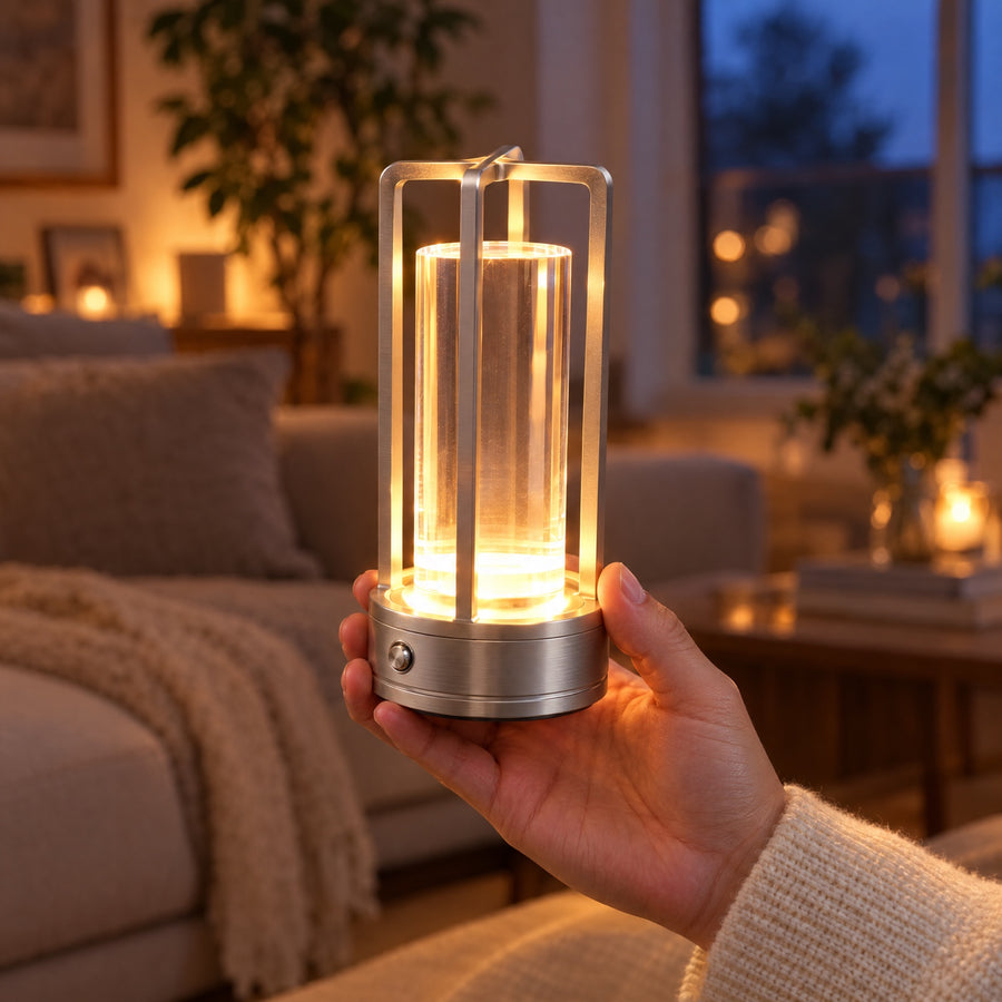 Illustration: The silver finish, held in one hand in a living room.