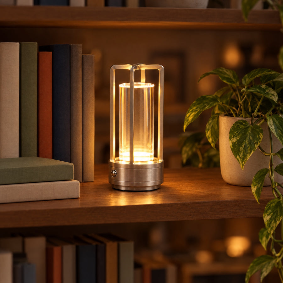Illustration: The silver finish, on a shelf between books and a plant.