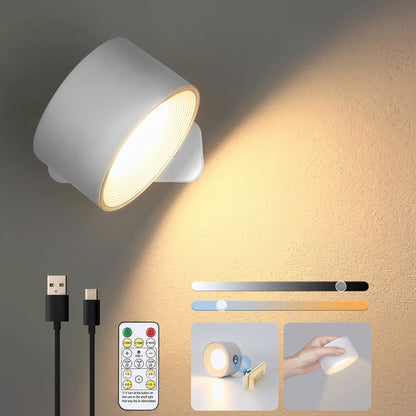 Nook cordless wall lamp in white, switched on, with USB-C cable and remote