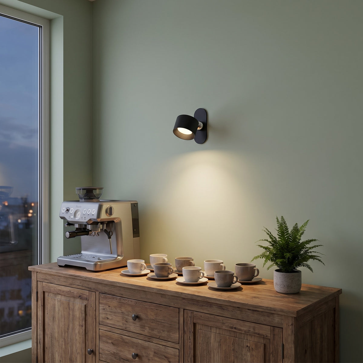 Black Nook lamp lighting a coffee corner without a wall outlet