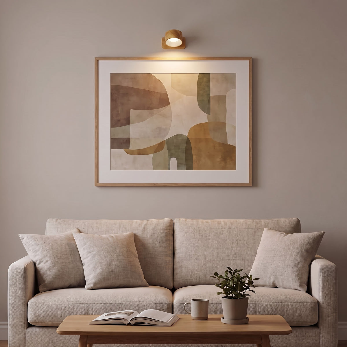 Wood Nook lamp lighting a framed print above a sofa