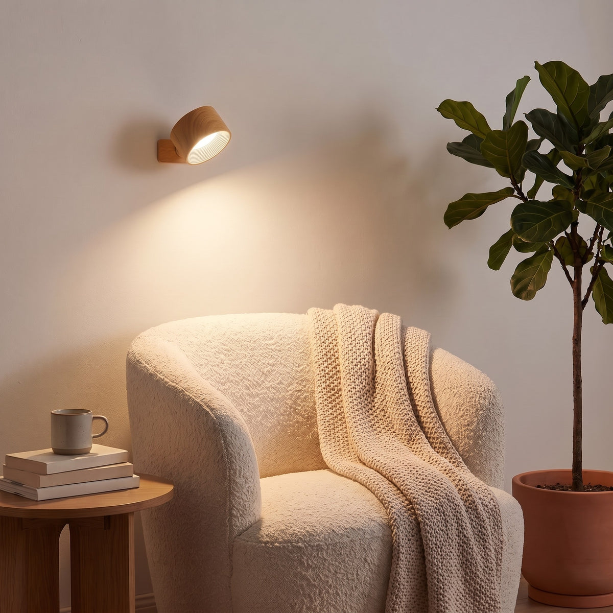 Wood Nook lamp as a reading light beside an armchair