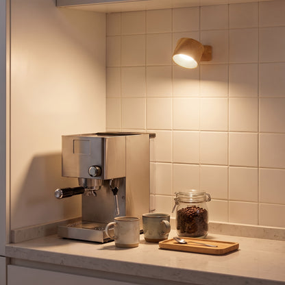 Wood Nook lamp lighting a coffee corner on a kitchen counter