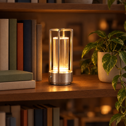 Silver Nook Glow Lantern lit on a bookshelf