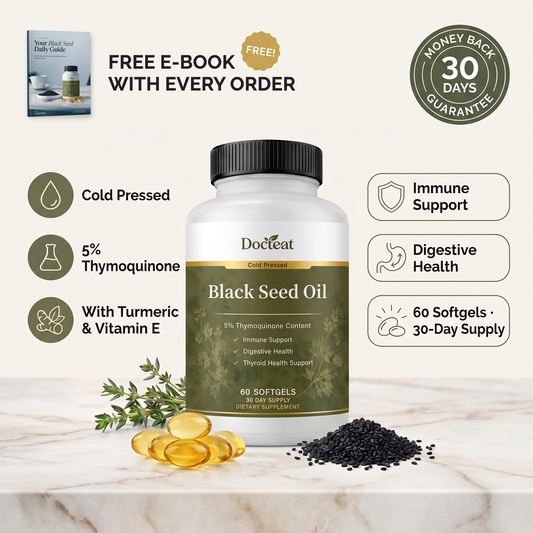 Docteat Black Seed Oil softgels, cold pressed, 5% thymoquinone, with turmeric and vitamin E. Free e-book with every order and 30-day money-back guarantee