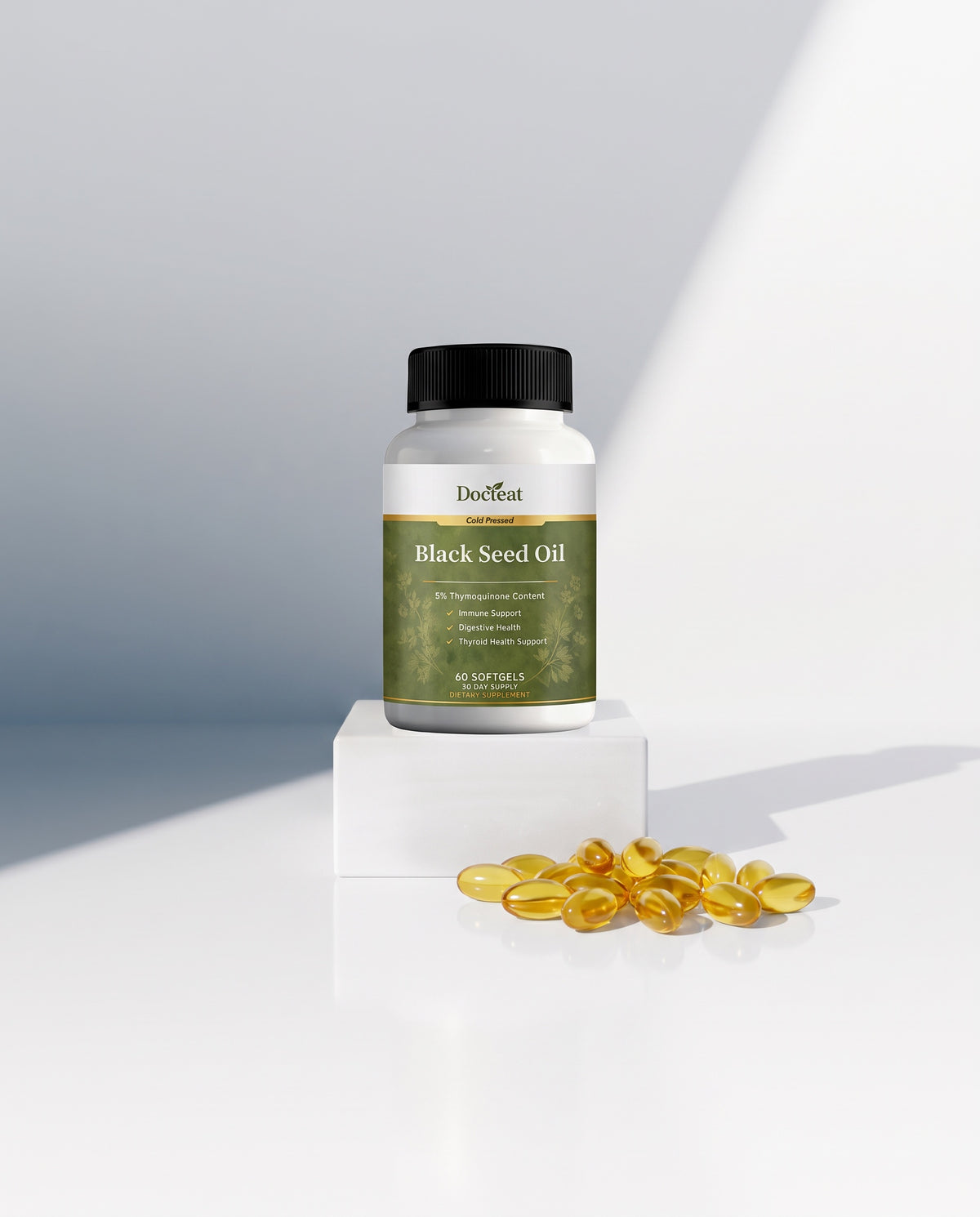 Docteat Black Seed Oil bottle with golden softgels on a white plinth
