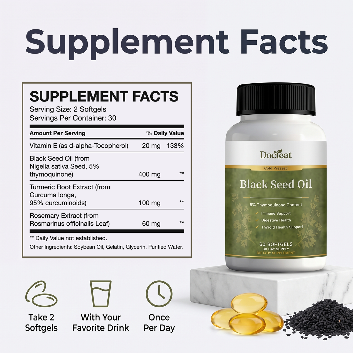 Docteat Black Seed Oil Supplement Facts: 400 mg black seed oil, 100 mg turmeric root extract, 60 mg rosemary extract, 20 mg vitamin E per 2 softgels