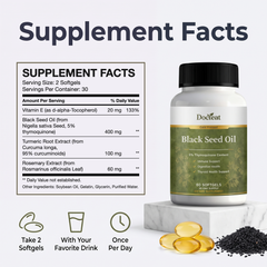 Docteat Black Seed Oil Supplement Facts: 400 mg black seed oil, 100 mg turmeric root extract, 60 mg rosemary extract, 20 mg vitamin E per 2 softgels