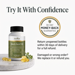 30-day money-back guarantee: return unopened bottles within 30 days of delivery for a full refund. Damaged or wrong orders are replaced or refunded
