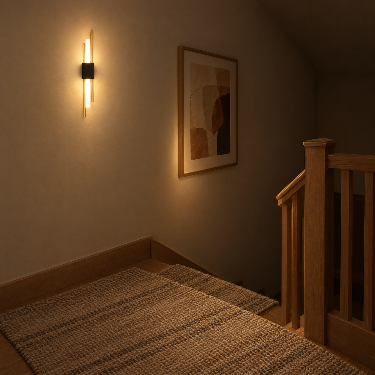 Nook Duo Sconce lit on a staircase landing wall