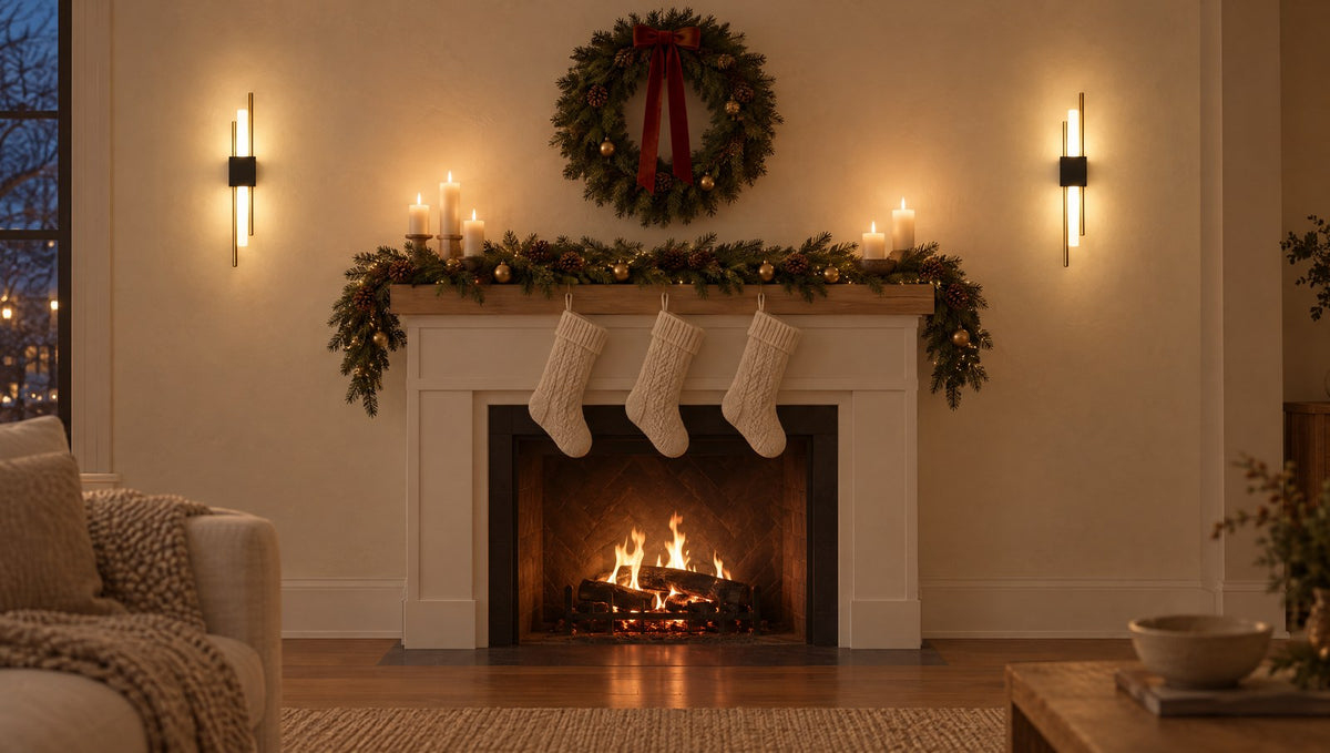 Illustration: A pair either side of a fireplace, dressed for the holidays.