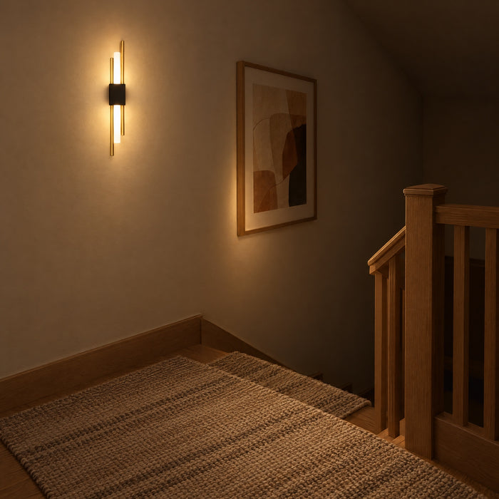 A Nook Duo Sconce on a staircase landing wall