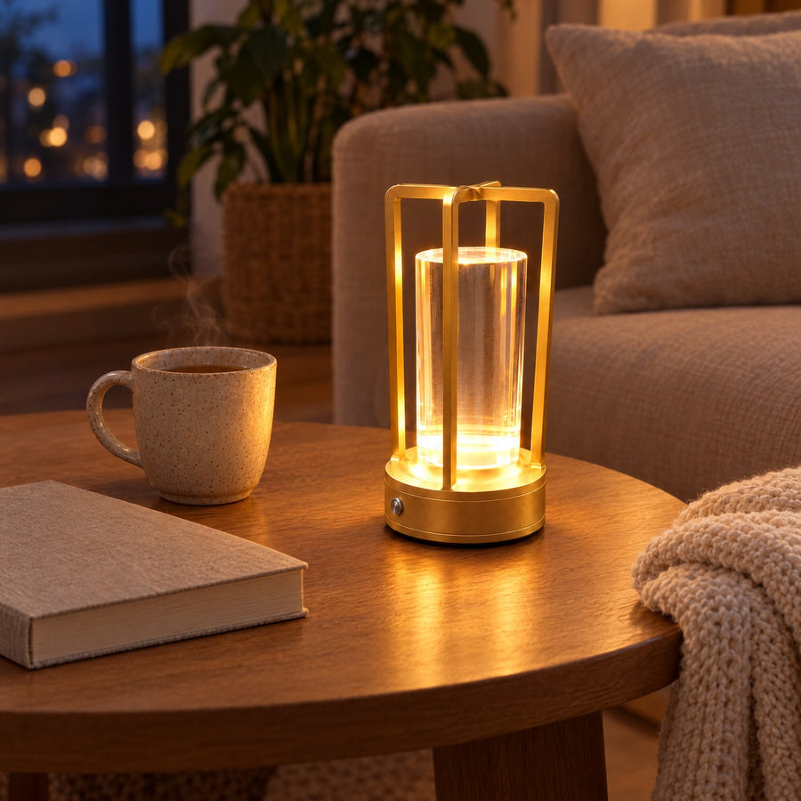 Illustration: On a round coffee table, next to a mug and a book.