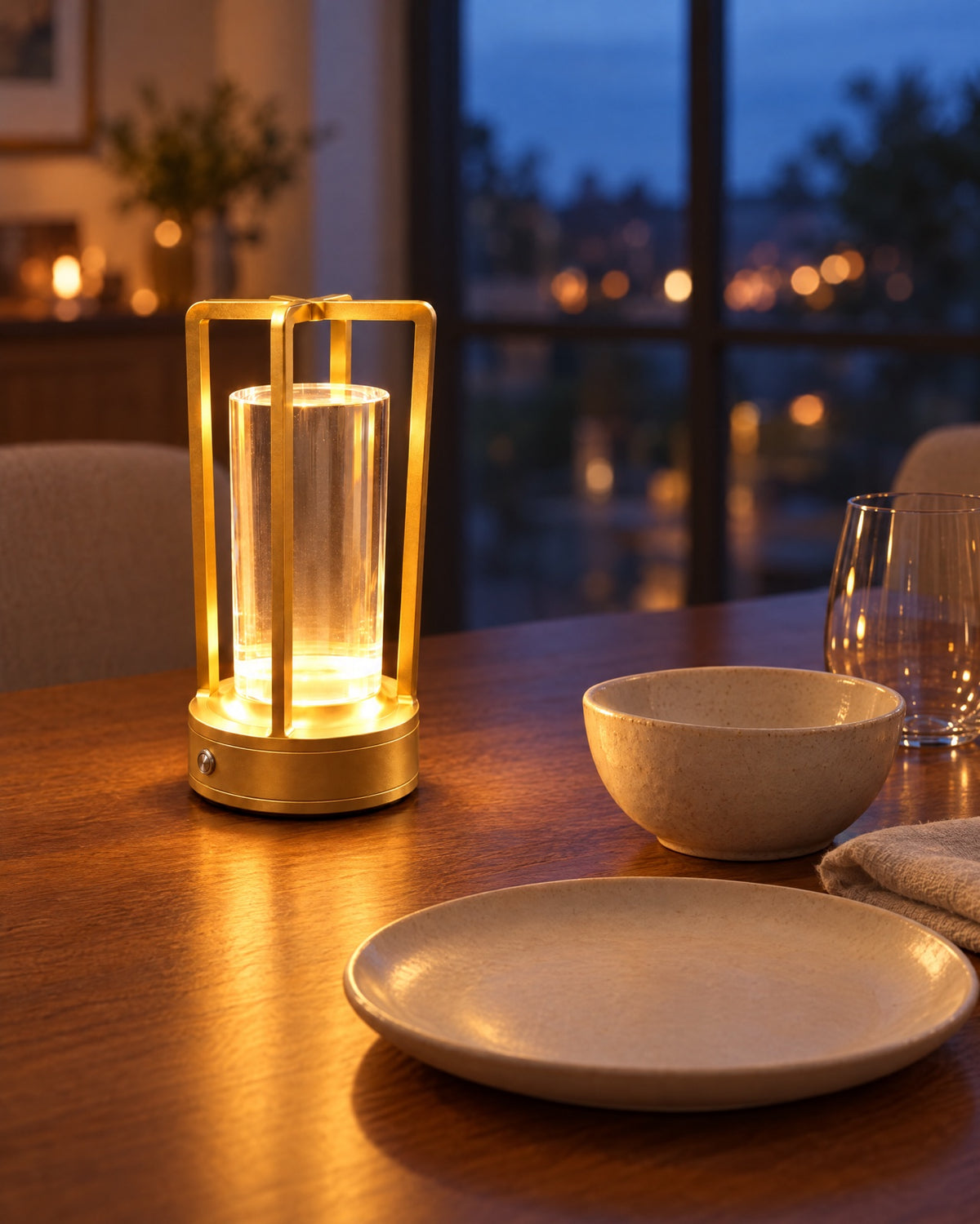 Gold Nook Glow Lantern lit on a dining table at dusk