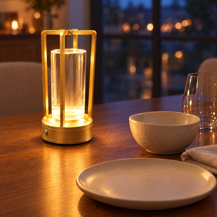 Gold Nook Glow Lantern lit on a dining table