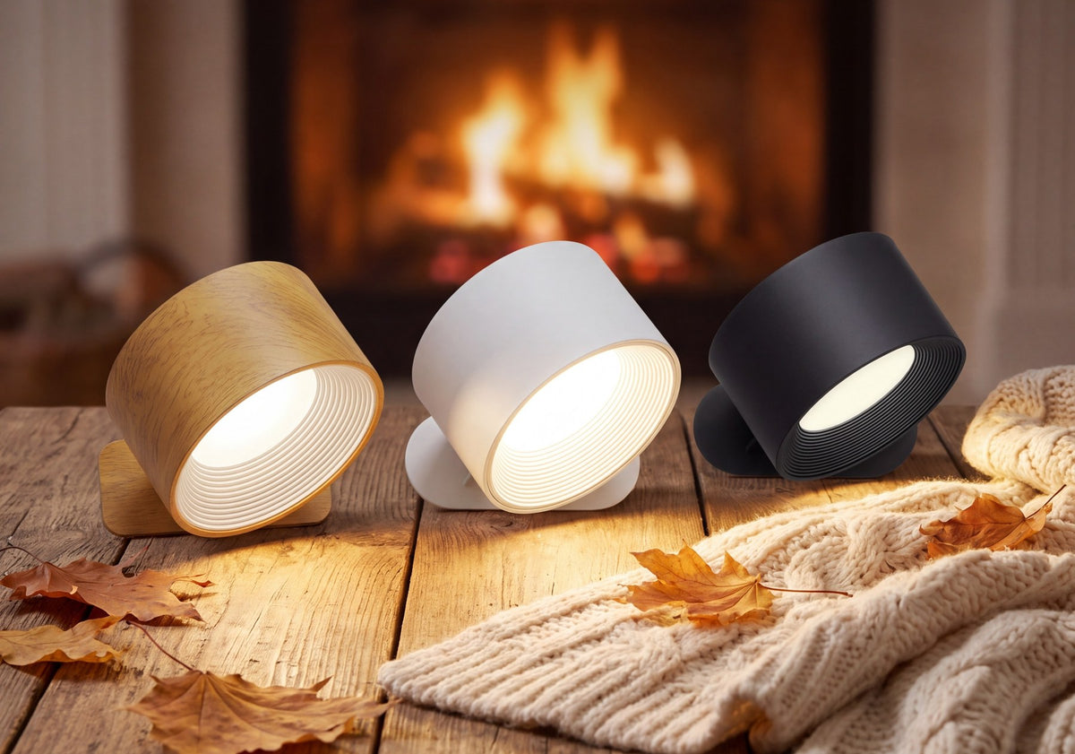 Three Nook lamps in wood, white and black glowing on a table by a fireplace