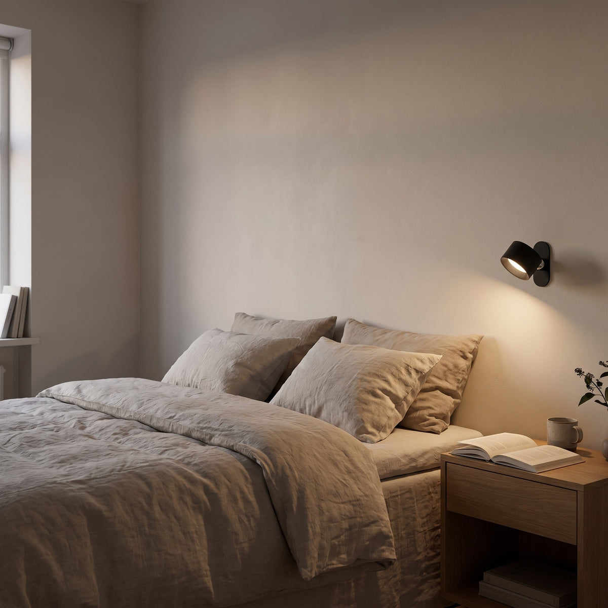 Black Nook lamp aimed at a pillow for reading