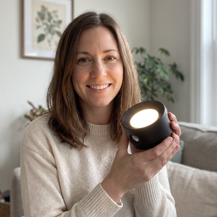Woman at home holding the black Nook lamp