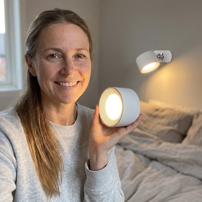 Woman in a bedroom holding the white Nook lamp