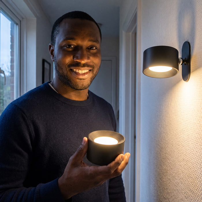 Man in a hallway holding the black Nook lamp