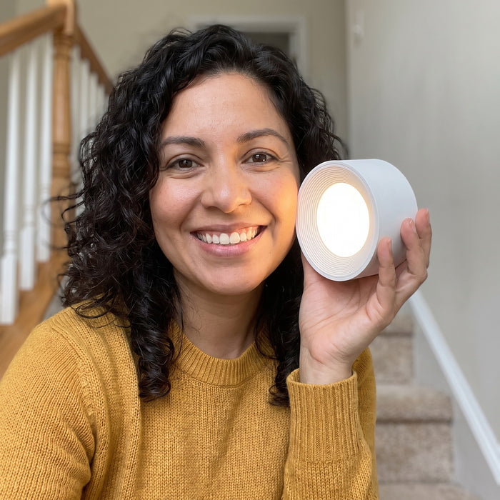Woman on the stairs holding the white Nook lamp