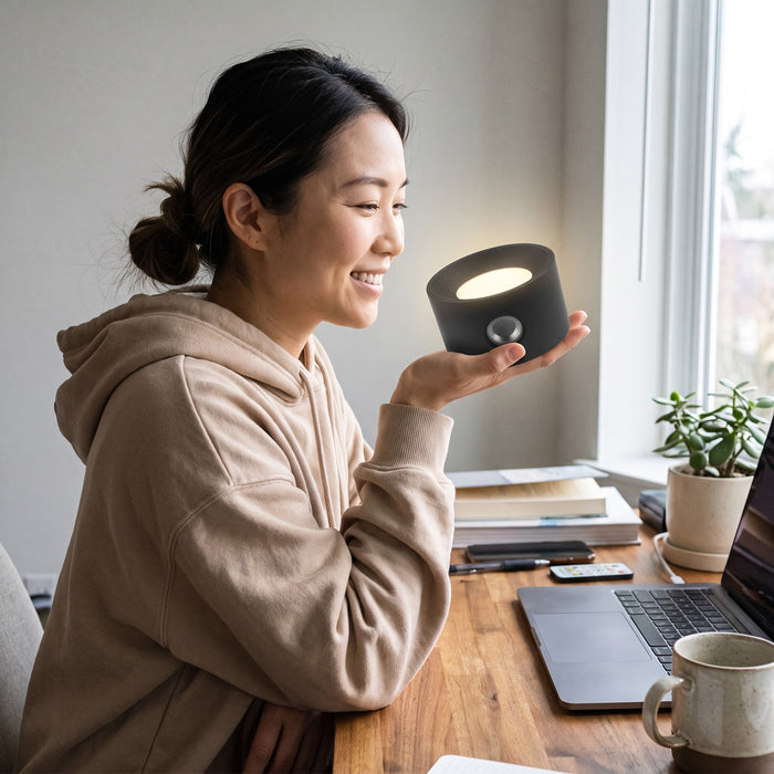 Woman at a desk holding the black Nook lamp