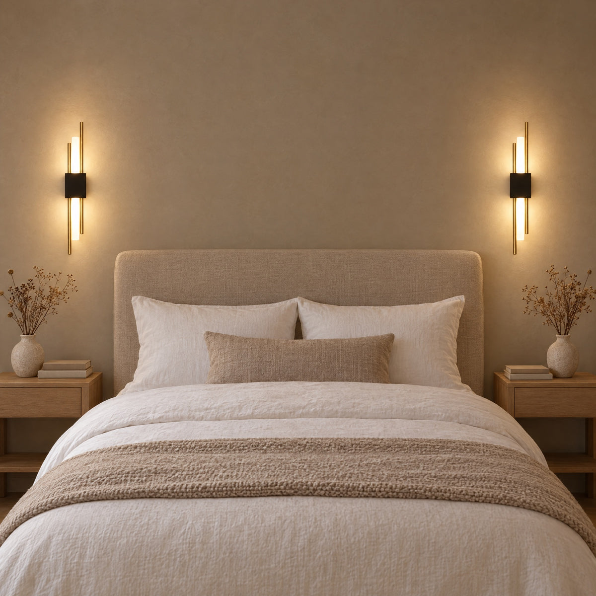 A pair of black and gold Nook Duo Sconces either side of a bed
