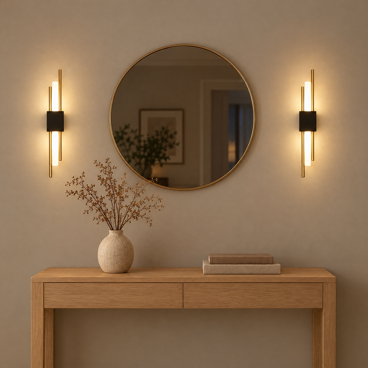 A pair of black and gold Nook Duo Sconces either side of a round mirror