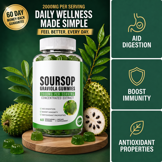 Soursop Graviola Gummies bottle, 2000 mg per serving, 60 vegetarian gummies, with fresh soursop fruit