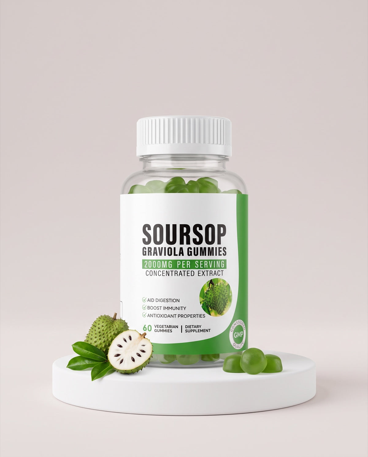 Soursop Graviola Gummies bottle on a white plinth with fresh soursop