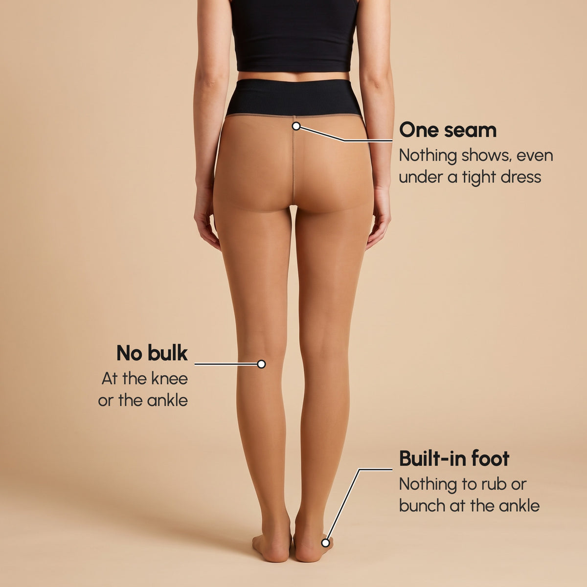 Back view: one seam, no bulk at the knee, built-in foot