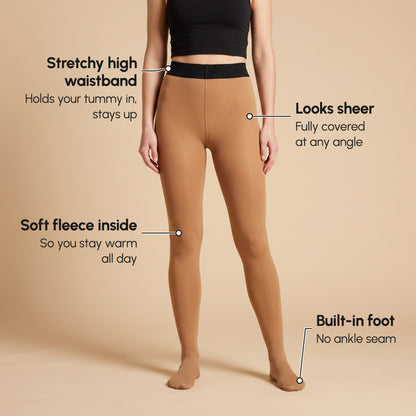Front view: stretchy high waistband, looks sheer, soft fleece inside, built-in foot
