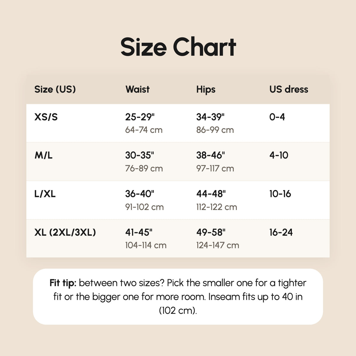 Size chart: waist, hips and US dress size from XS/S to XL (2XL/3XL)