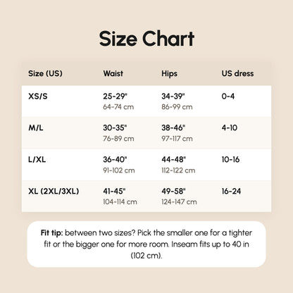 Size chart: waist, hips and US dress size from XS/S to XL (2XL/3XL)